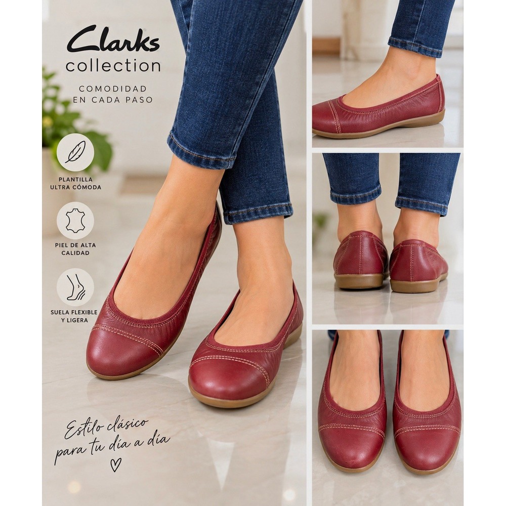 Clarks Women's Burgundy Leather Ballet Flat Slip-On Cushioned Round Toe US 9.5W
